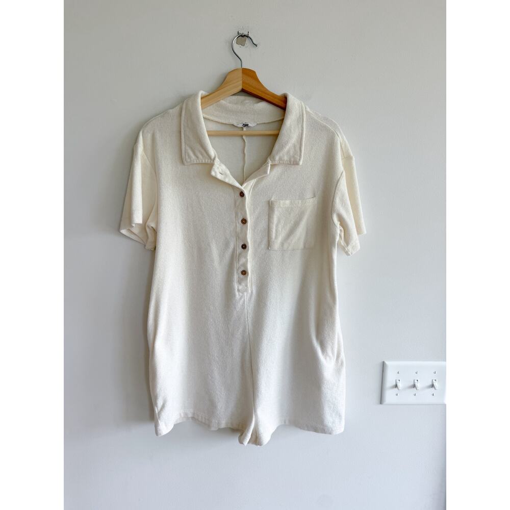 Ascot + Hart Terry Cloth Collared Short Sleeve Button Front Romper White S - Picture 2 of 8
